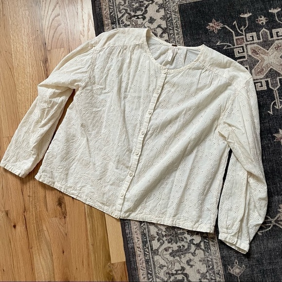 Free People Button Down Eyelet Off White Cream Balloon Sleeve Blouse Small - Picture 1 of 6